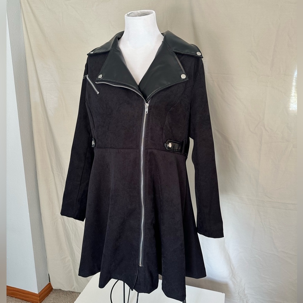 SHEIN Curve Black Faux Leather Jacket faux suede coat silver zipper rocker 0XL